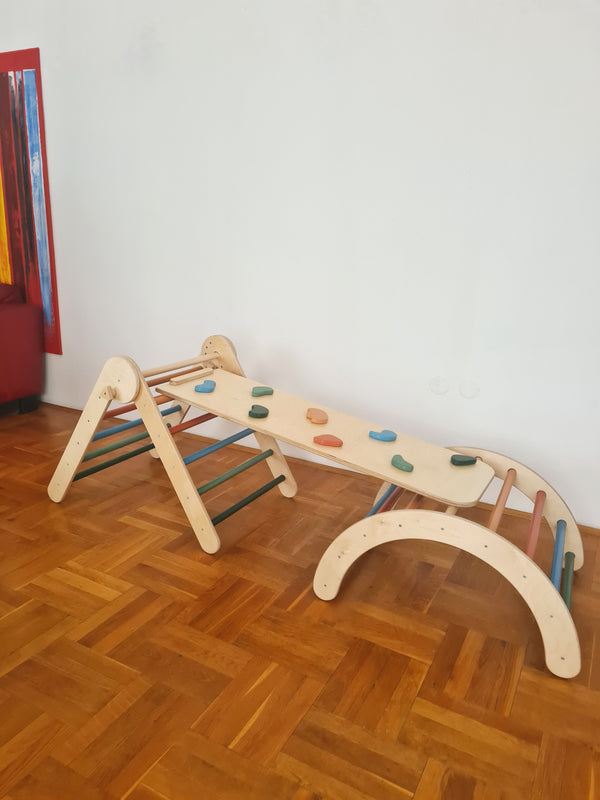 MONTESSORI PIKLER SET 3U1 / u boji, trokut, tobogan - hvatišta i luk arch