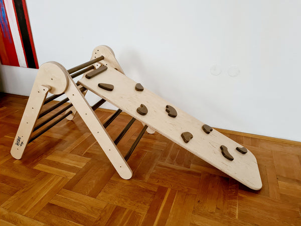 MONTESSORI PIKLER s toboganom i hvatištima / eko lak, boja oraha