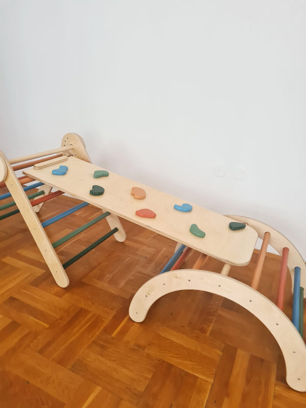 MONTESSORI PIKLER SET 3U1 / u boji, trokut, tobogan - hvatišta i luk arch